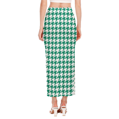 Jungle Green And White Houndstooth Print Side Slit Maxi Skirt