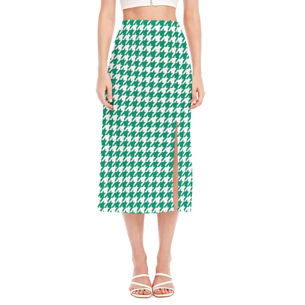 Jungle Green And White Houndstooth Print Side Slit Midi Skirt