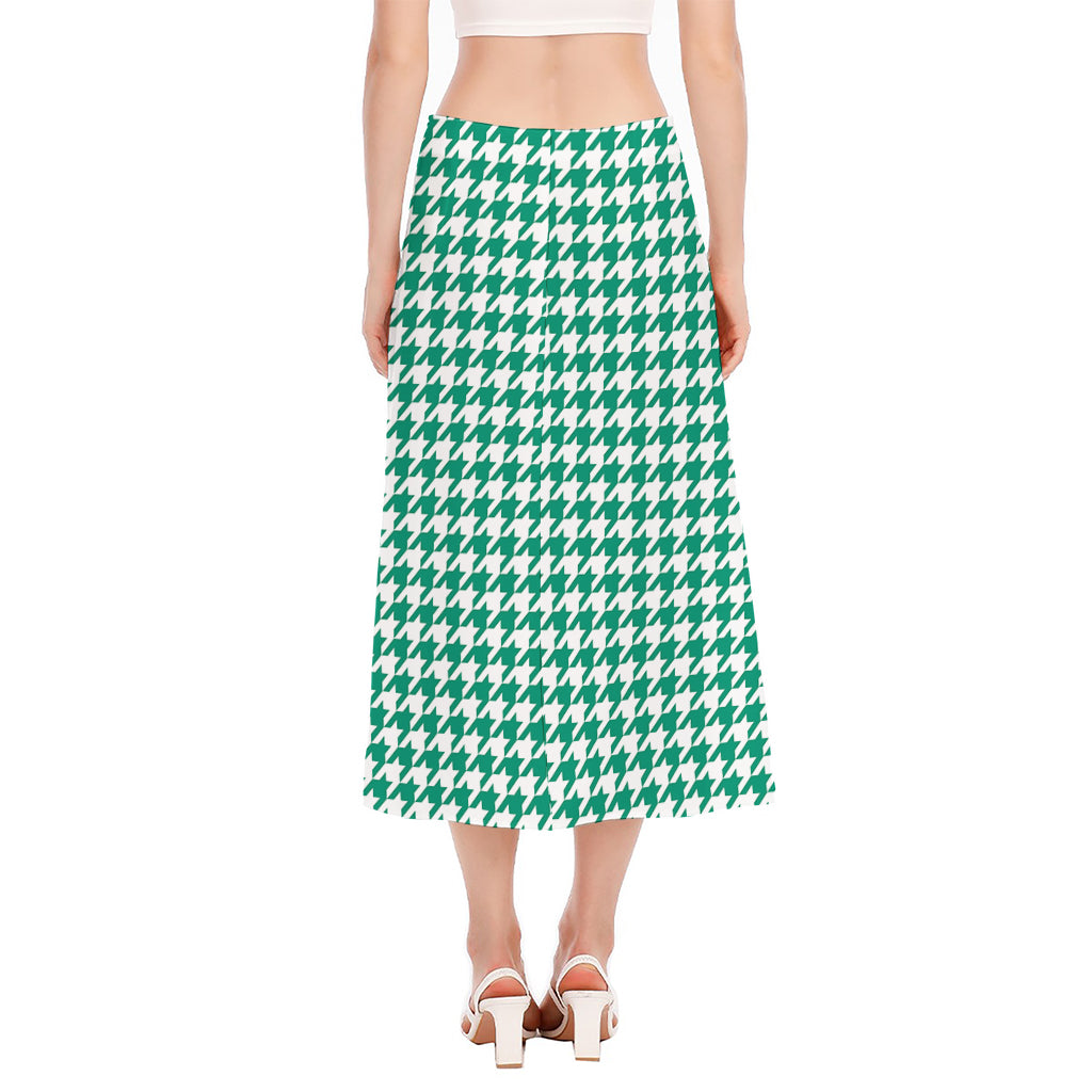 Jungle Green And White Houndstooth Print Side Slit Midi Skirt