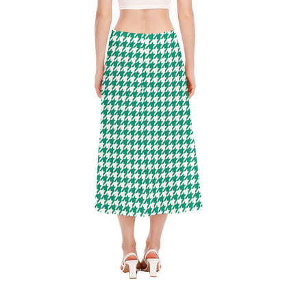 Jungle Green And White Houndstooth Print Side Slit Midi Skirt