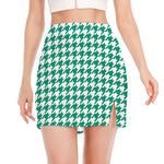 Jungle Green And White Houndstooth Print Side Slit Mini Skirt