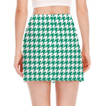 Jungle Green And White Houndstooth Print Side Slit Mini Skirt