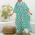 Jungle Green And White Houndstooth Print Silk V-Neck Kaftan Dress