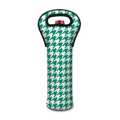 Jungle Green And White Houndstooth Print Single Neoprene Wine Tote
