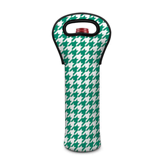 Jungle Green And White Houndstooth Print Single Neoprene Wine Tote