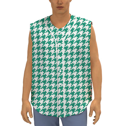 Jungle Green And White Houndstooth Print Sleeveless Baseball Jersey
