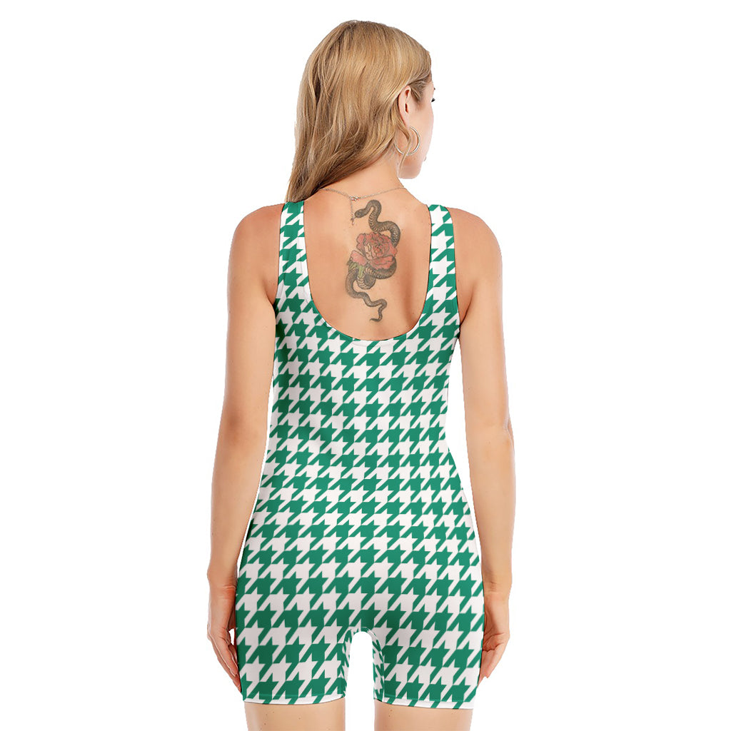 Jungle Green And White Houndstooth Print Sleeveless One Piece Swimsuit