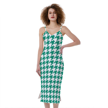 Jungle Green And White Houndstooth Print Slim Fit Midi Cami Dress