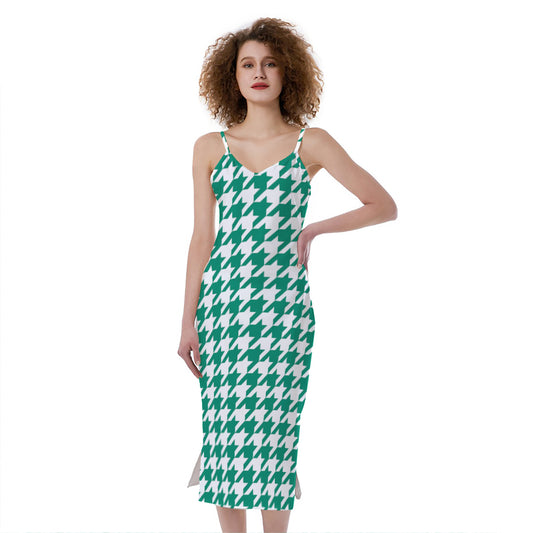 Jungle Green And White Houndstooth Print Slim Fit Midi Cami Dress
