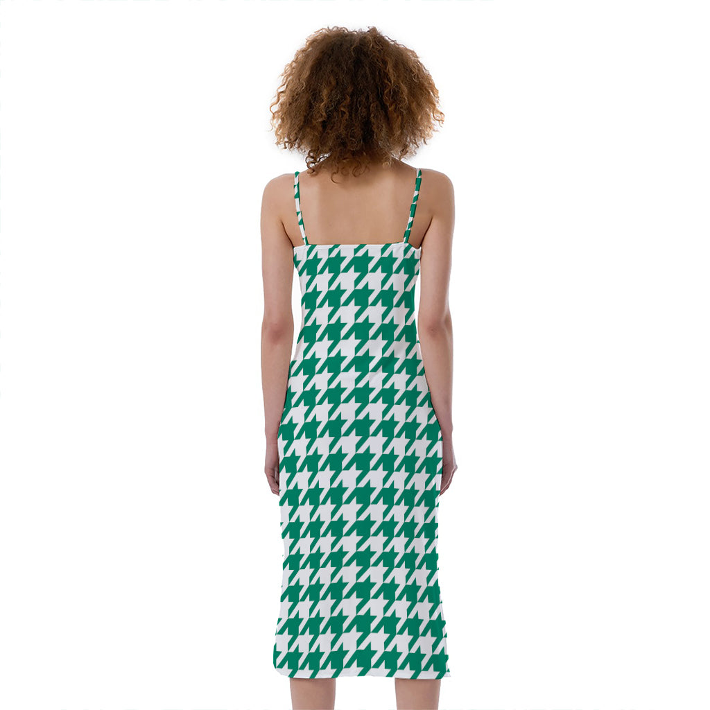 Jungle Green And White Houndstooth Print Slim Fit Midi Cami Dress