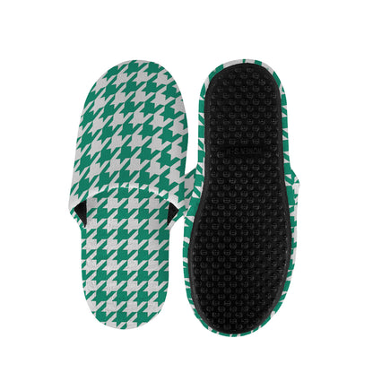 Jungle Green And White Houndstooth Print Slippers