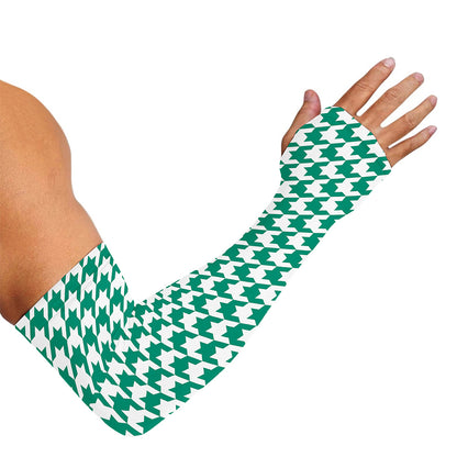 Jungle Green And White Houndstooth Print Sun Protection Arm Sleeves