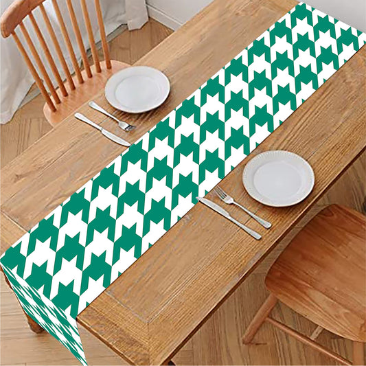 Jungle Green And White Houndstooth Print Table Runner