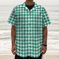 Jungle Green And White Houndstooth Print Textured Short Sleeve Shirt