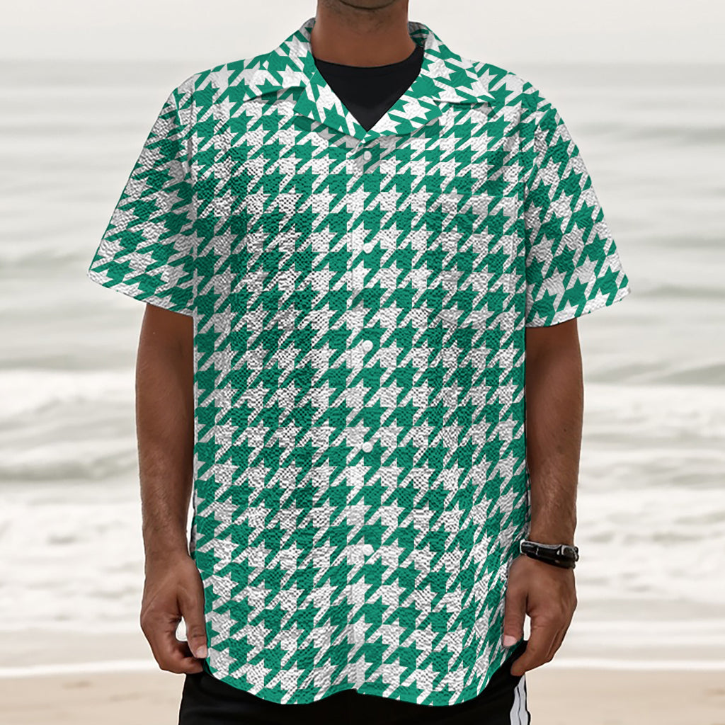 Jungle Green And White Houndstooth Print Textured Short Sleeve Shirt