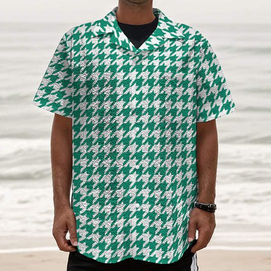Jungle Green And White Houndstooth Print Textured Short Sleeve Shirt
