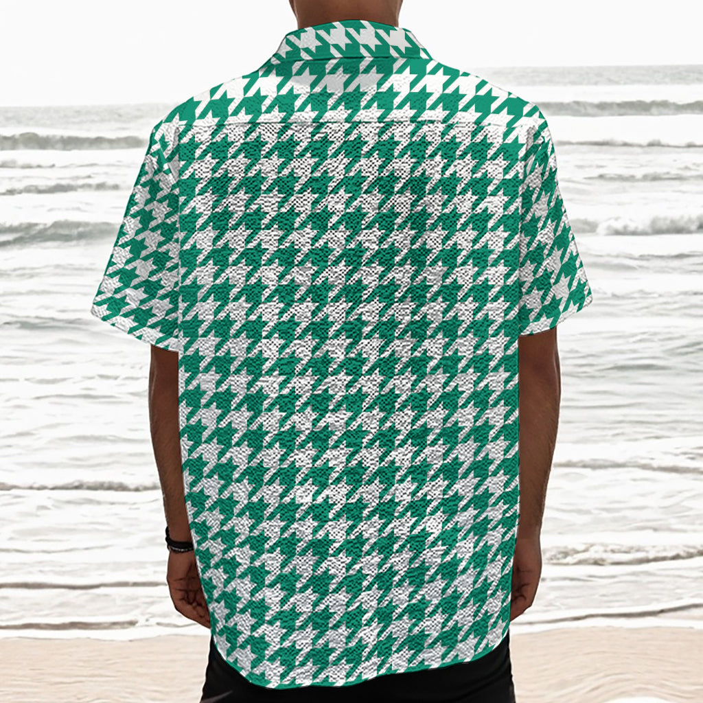Jungle Green And White Houndstooth Print Textured Short Sleeve Shirt