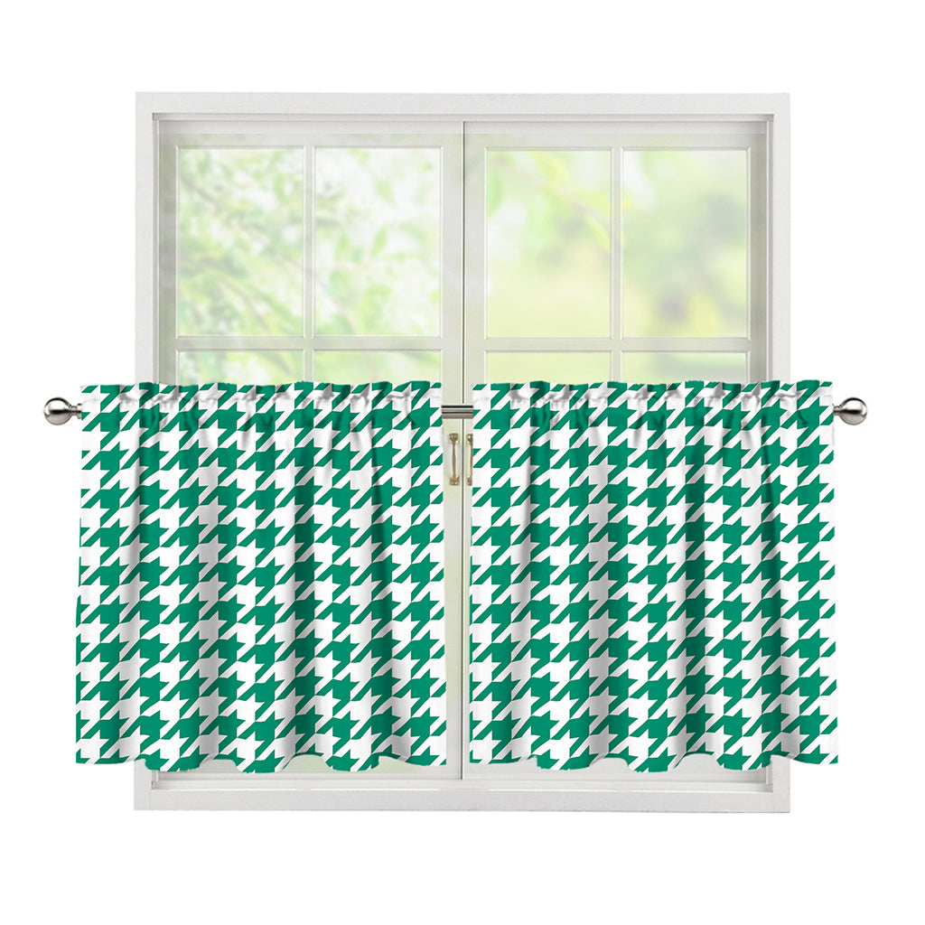 Jungle Green And White Houndstooth Print Tier Curtains