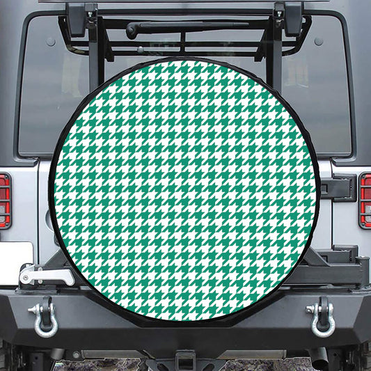 Jungle Green And White Houndstooth Print Tire Cover