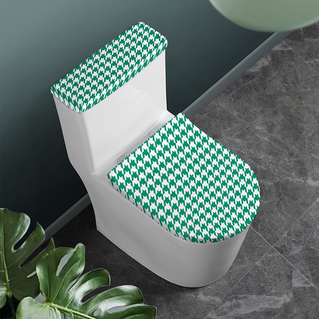 Jungle Green And White Houndstooth Print Toilet Lid And Tank Cover Set