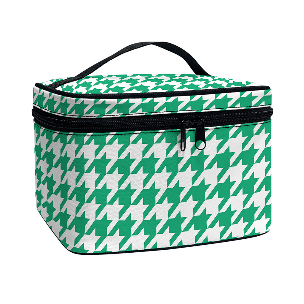 Jungle Green And White Houndstooth Print Travel Makeup Bag