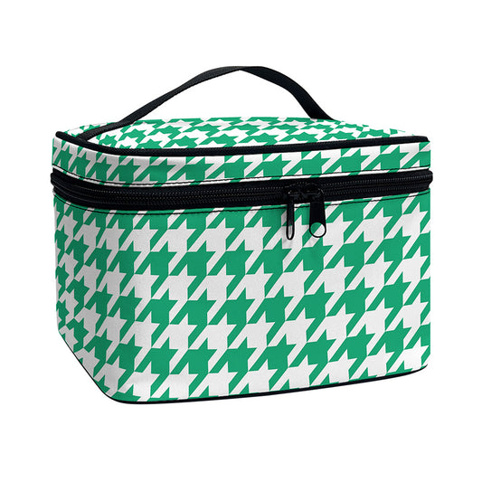 Jungle Green And White Houndstooth Print Travel Makeup Bag