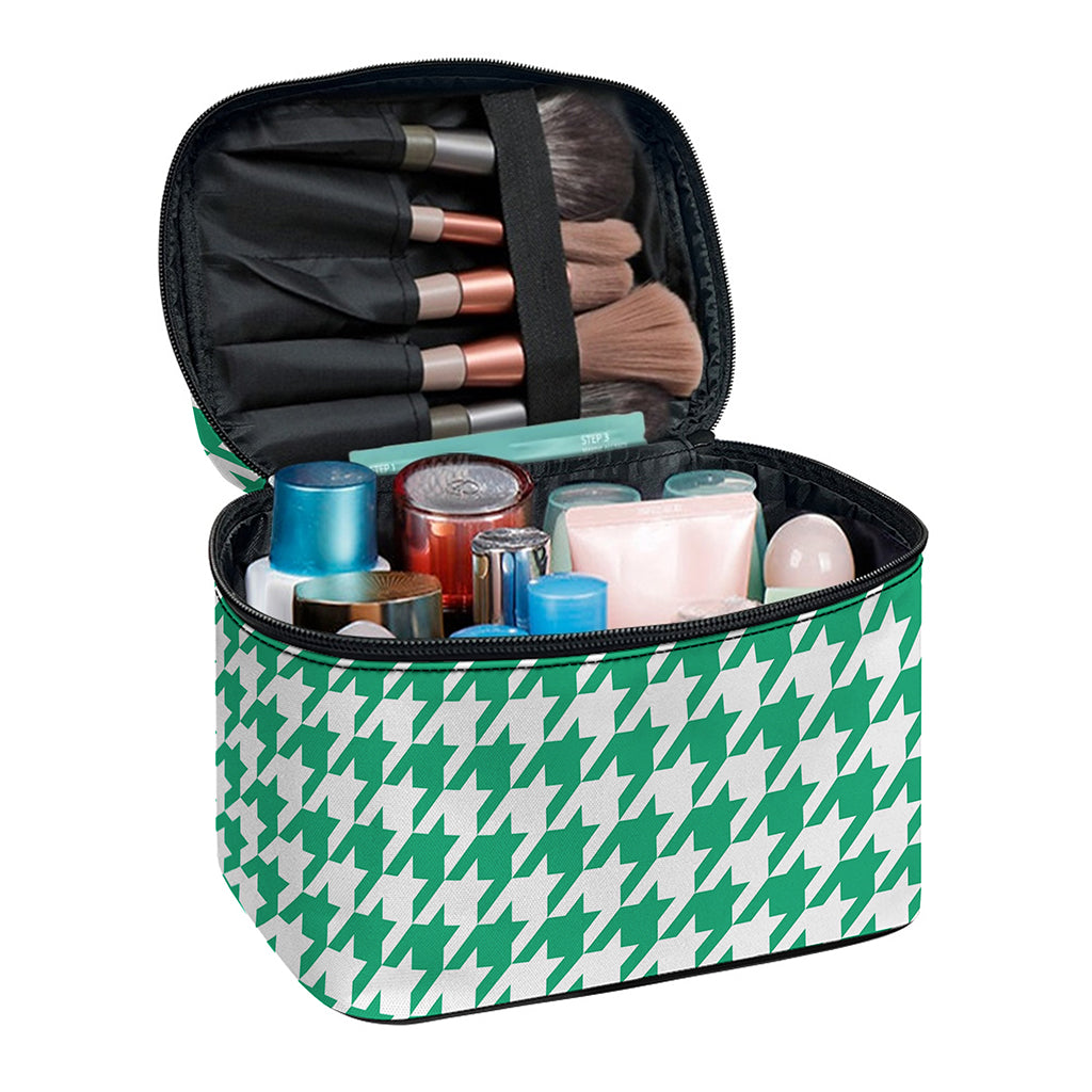 Jungle Green And White Houndstooth Print Travel Makeup Bag