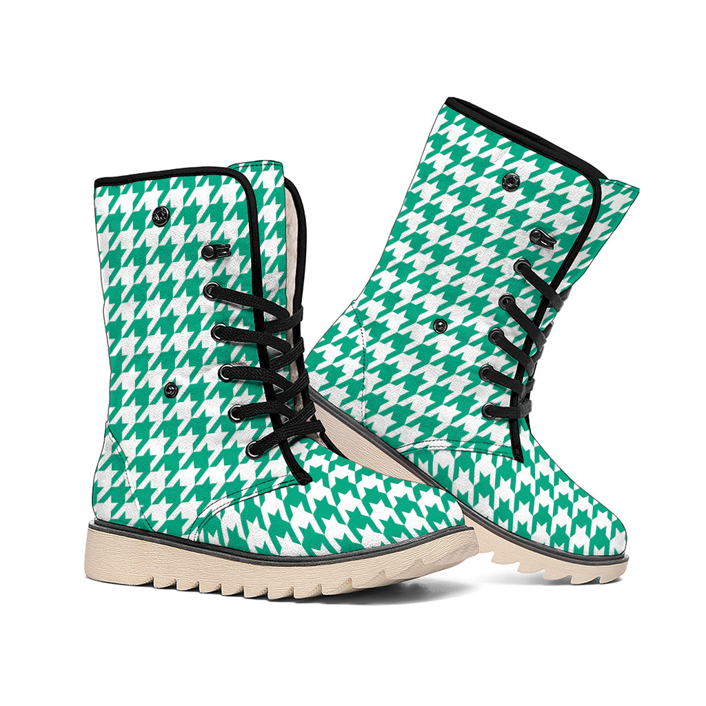 Jungle Green And White Houndstooth Print Winter Boots