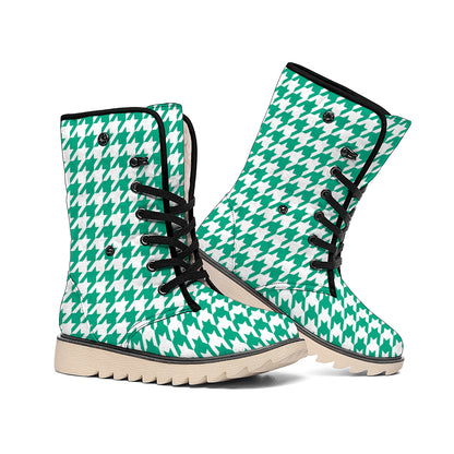 Jungle Green And White Houndstooth Print Winter Boots