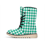 Jungle Green And White Houndstooth Print Winter Boots