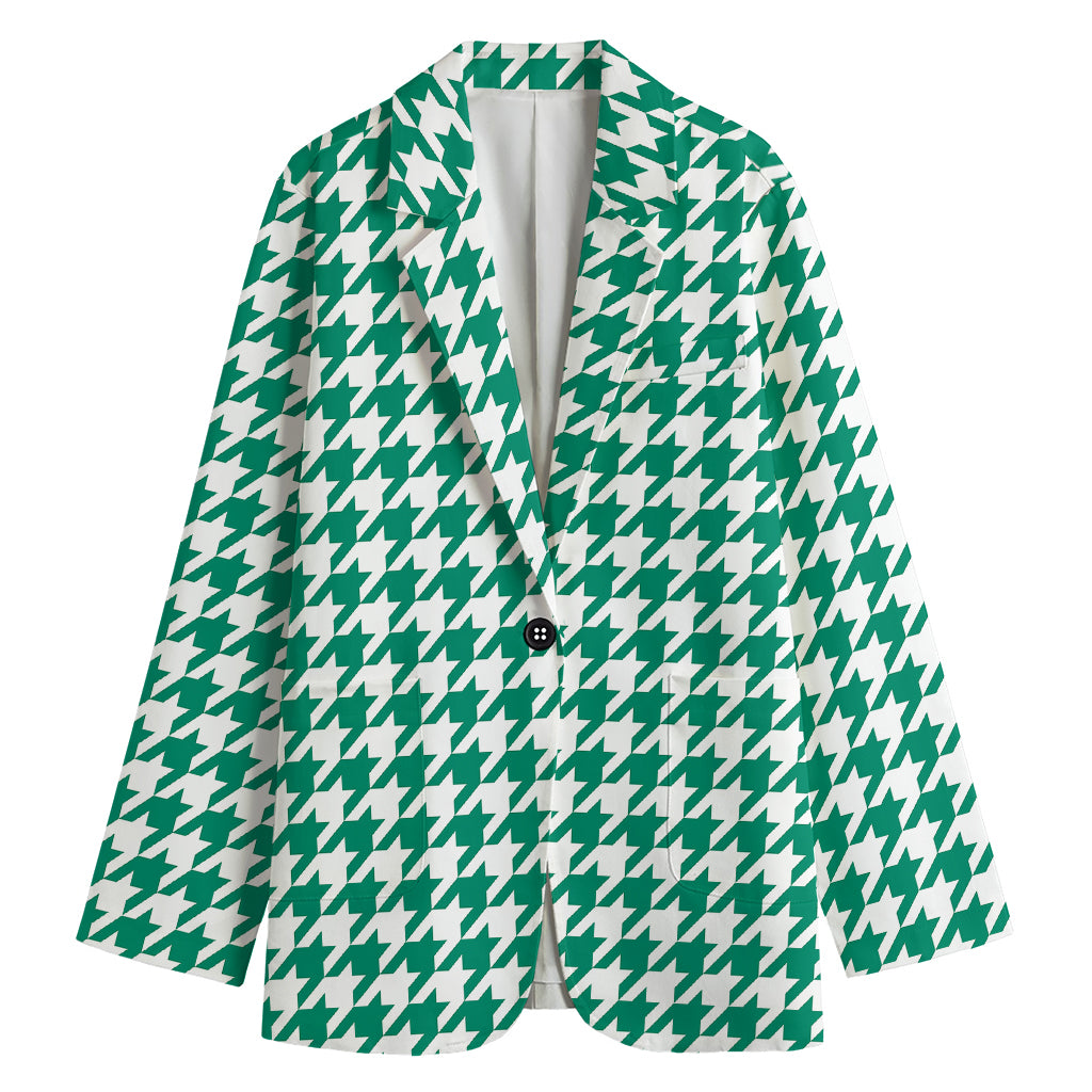 Jungle Green And White Houndstooth Print Women's Blazer