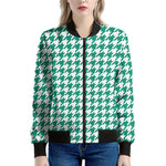 Jungle Green And White Houndstooth Print Women's Bomber Jacket