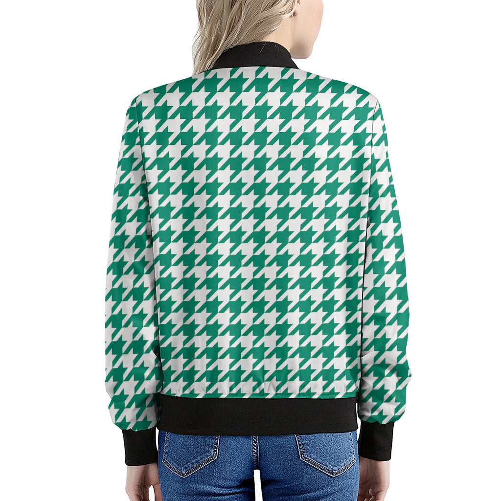 Jungle Green And White Houndstooth Print Women's Bomber Jacket
