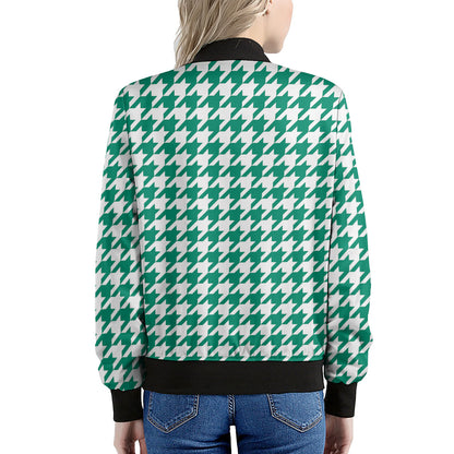 Jungle Green And White Houndstooth Print Women's Bomber Jacket