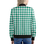 Jungle Green And White Houndstooth Print Women's Bomber Jacket