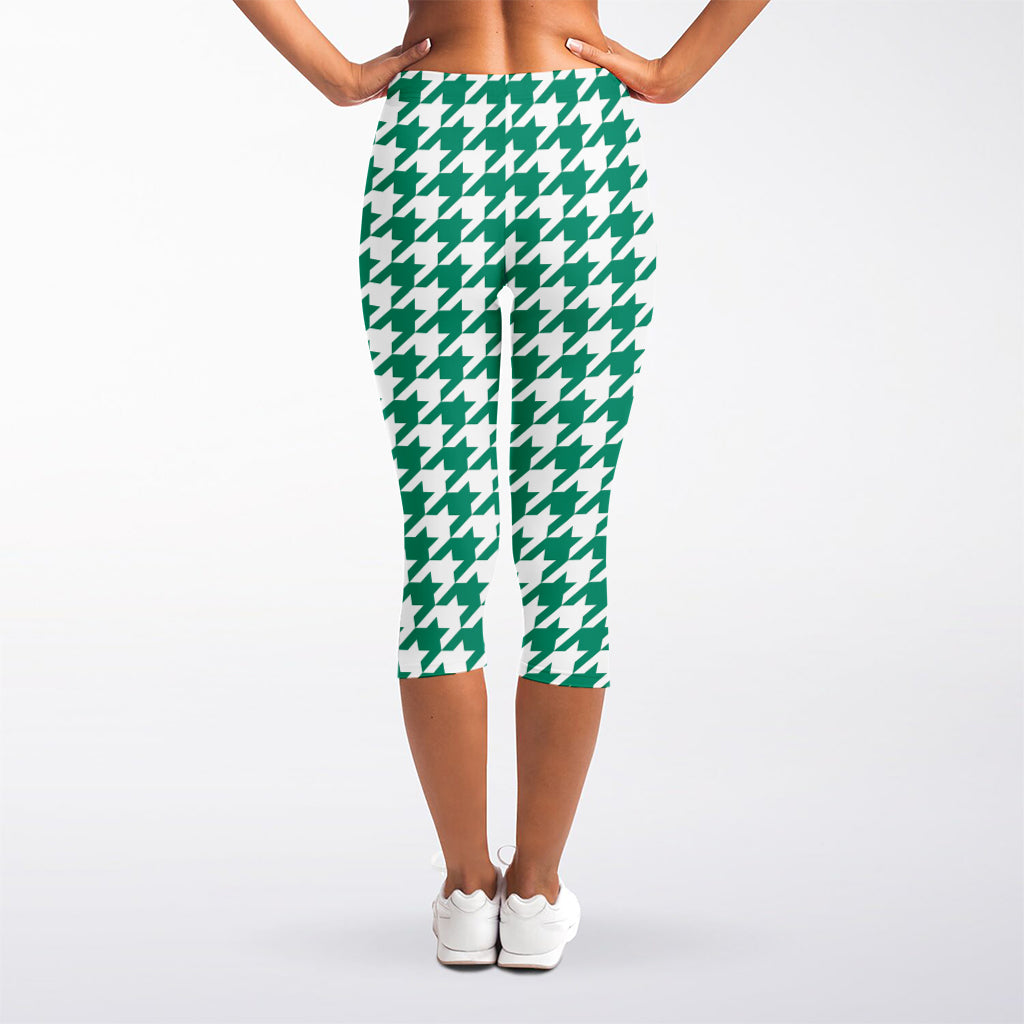 Jungle Green And White Houndstooth Print Women's Capri Leggings