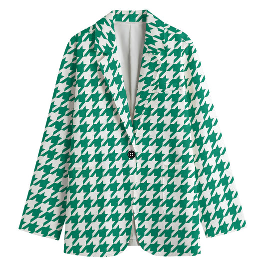 Jungle Green And White Houndstooth Print Women's Cotton Blazer