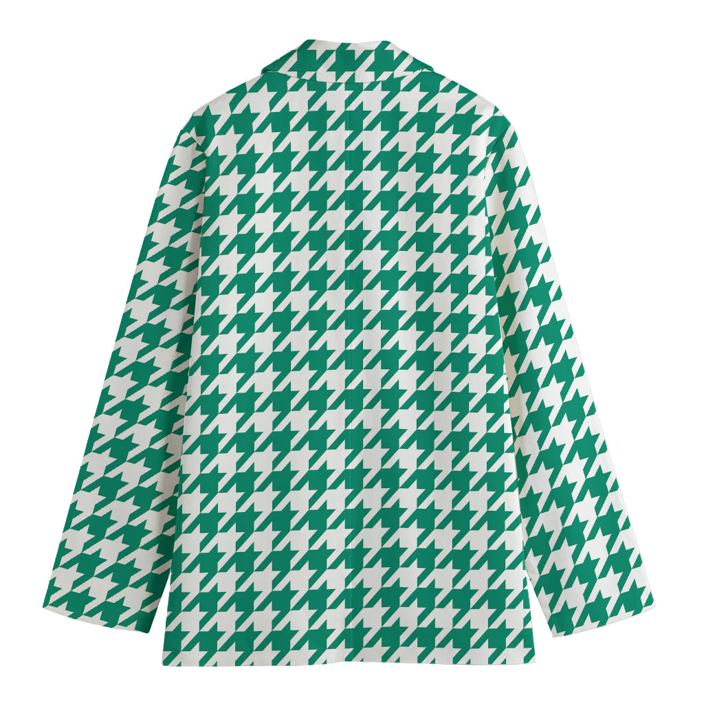 Jungle Green And White Houndstooth Print Women's Cotton Blazer