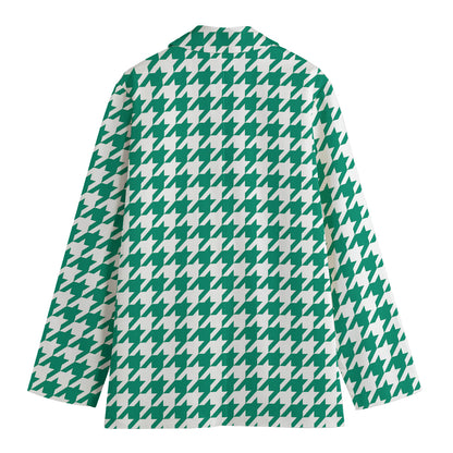 Jungle Green And White Houndstooth Print Women's Cotton Blazer