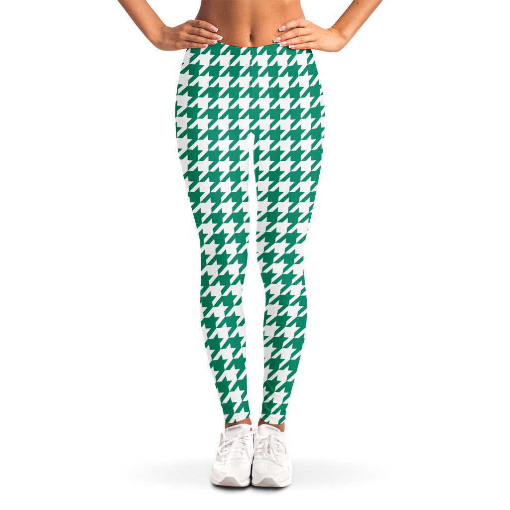 Jungle Green And White Houndstooth Print Women's Leggings