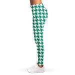 Jungle Green And White Houndstooth Print Women's Leggings