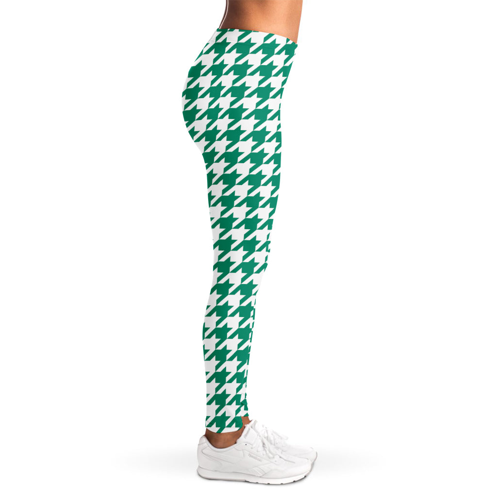Jungle Green And White Houndstooth Print Women's Leggings