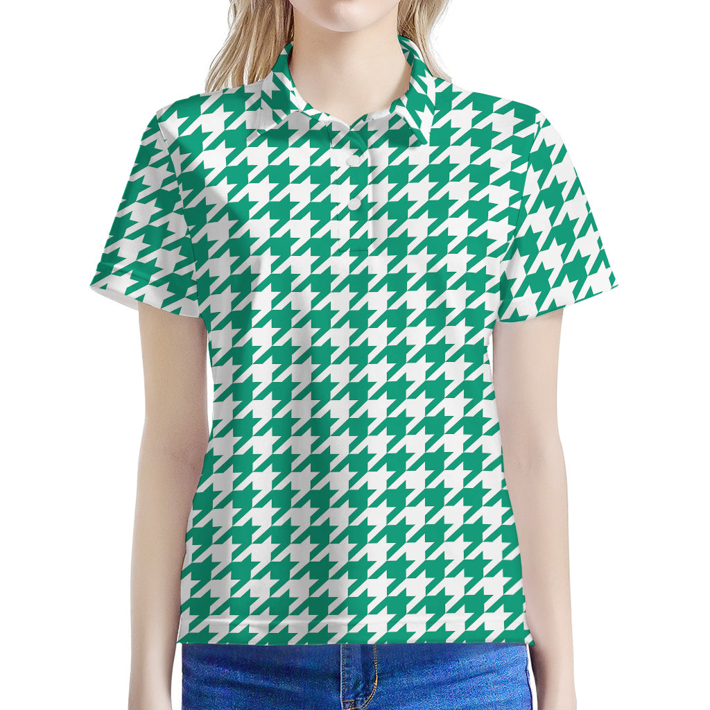 Jungle Green And White Houndstooth Print Women's Polo Shirt