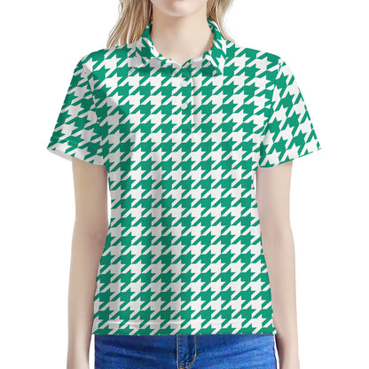 Jungle Green And White Houndstooth Print Women's Polo Shirt