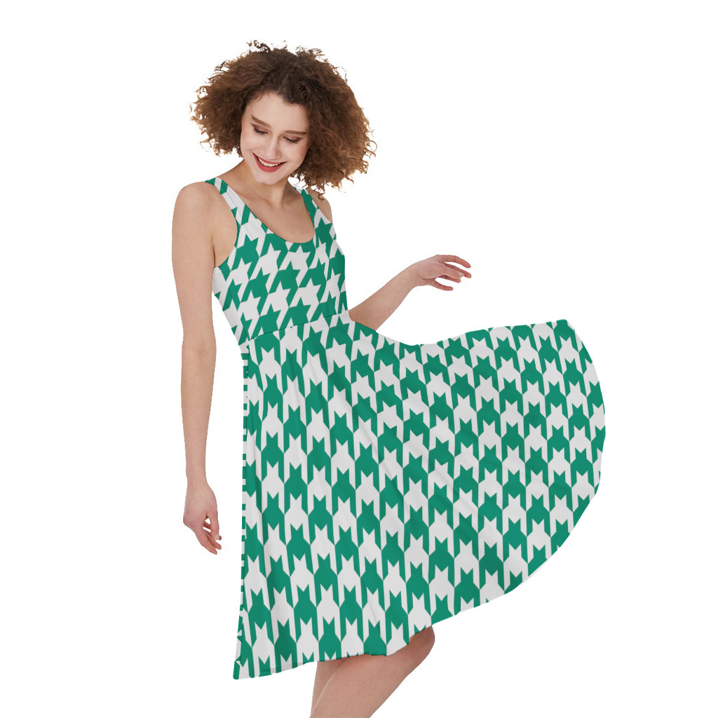 Jungle Green And White Houndstooth Print Women's Sleeveless Dress