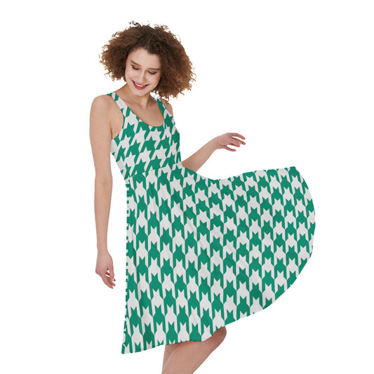Jungle Green And White Houndstooth Print Women's Sleeveless Dress