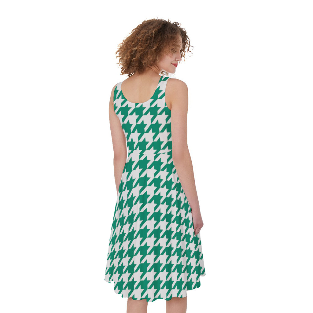 Jungle Green And White Houndstooth Print Women's Sleeveless Dress
