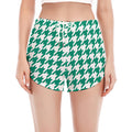 Jungle Green And White Houndstooth Print Women's Split Running Shorts