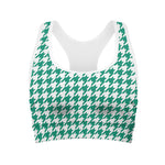 Jungle Green And White Houndstooth Print Women's Sports Bra