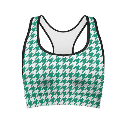 Jungle Green And White Houndstooth Print Women's Sports Bra
